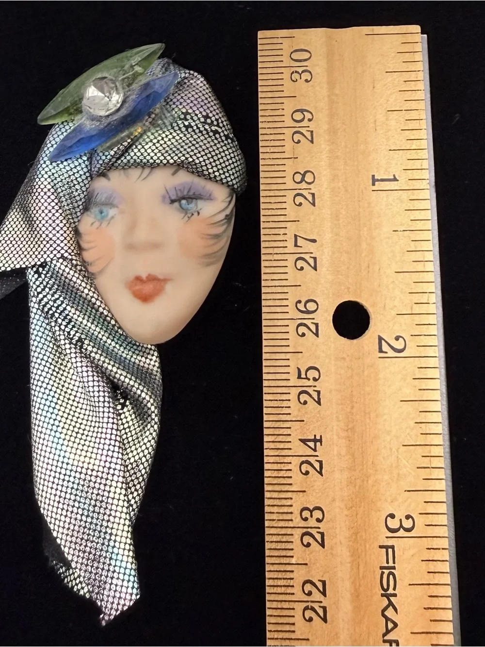 Vintage Artisan Porcelain Face Brooch with Iridescent Scarf - Green & Blue